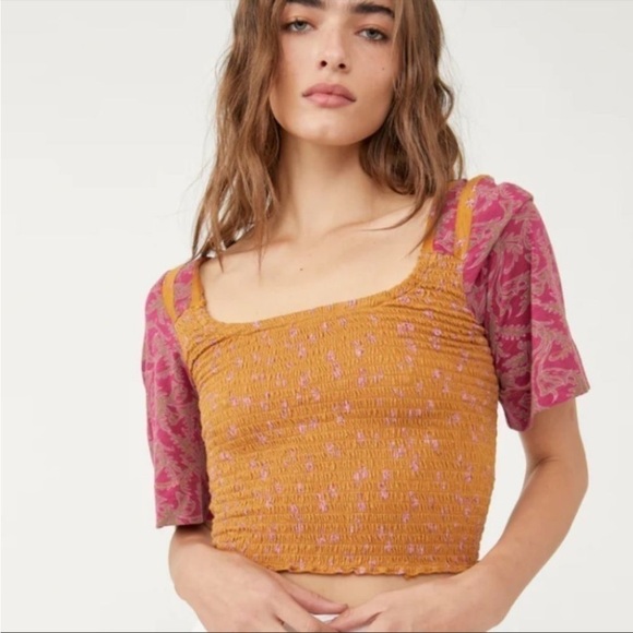 Free People Marigold Tee in Golden Combo Smocked Top - Picture 3 of 13